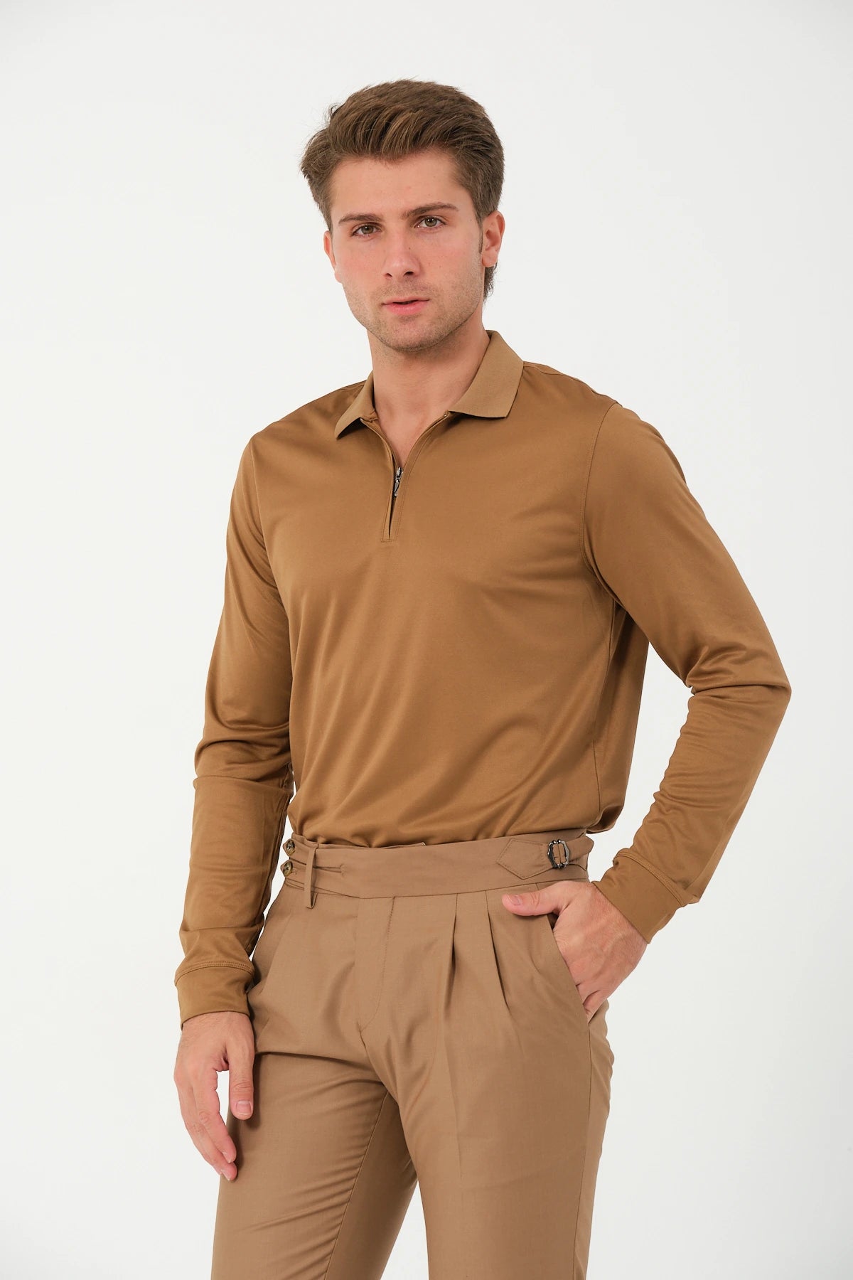 Polo Longsleeve Zip Camel